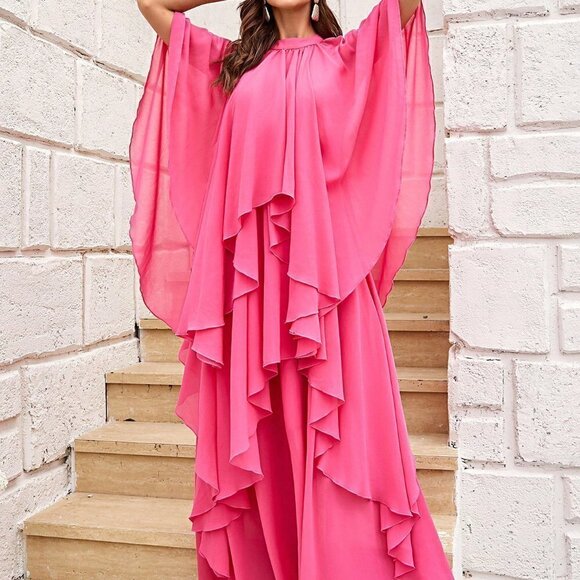 . Dresses & Skirts - Hot Pink Casual Womens Ruffle Trim Batwing Sleeve Chiffon Dress